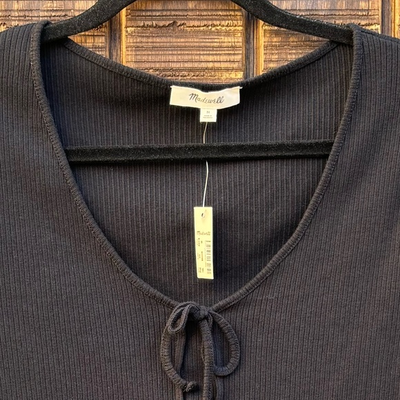 NWTS Madewell Ribbed Black Tie Bow Short Sleeve - Picture 4 of 14